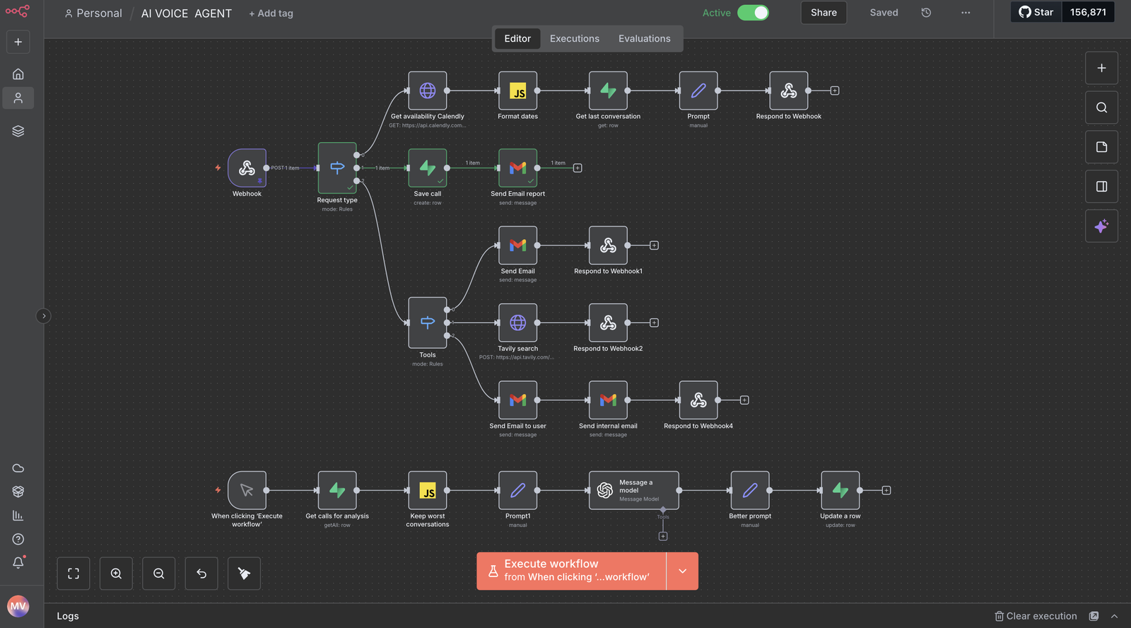 n8n workflow for the AI voice agent: a webhook receives the call payload and a rules-based router splits it by request type, branching to Calendly availability lookup, call logging and email reporting, a tools router covering email sending and Tavily web search, and a separate analysis flow that reviews saved conversations with an OpenAI model.